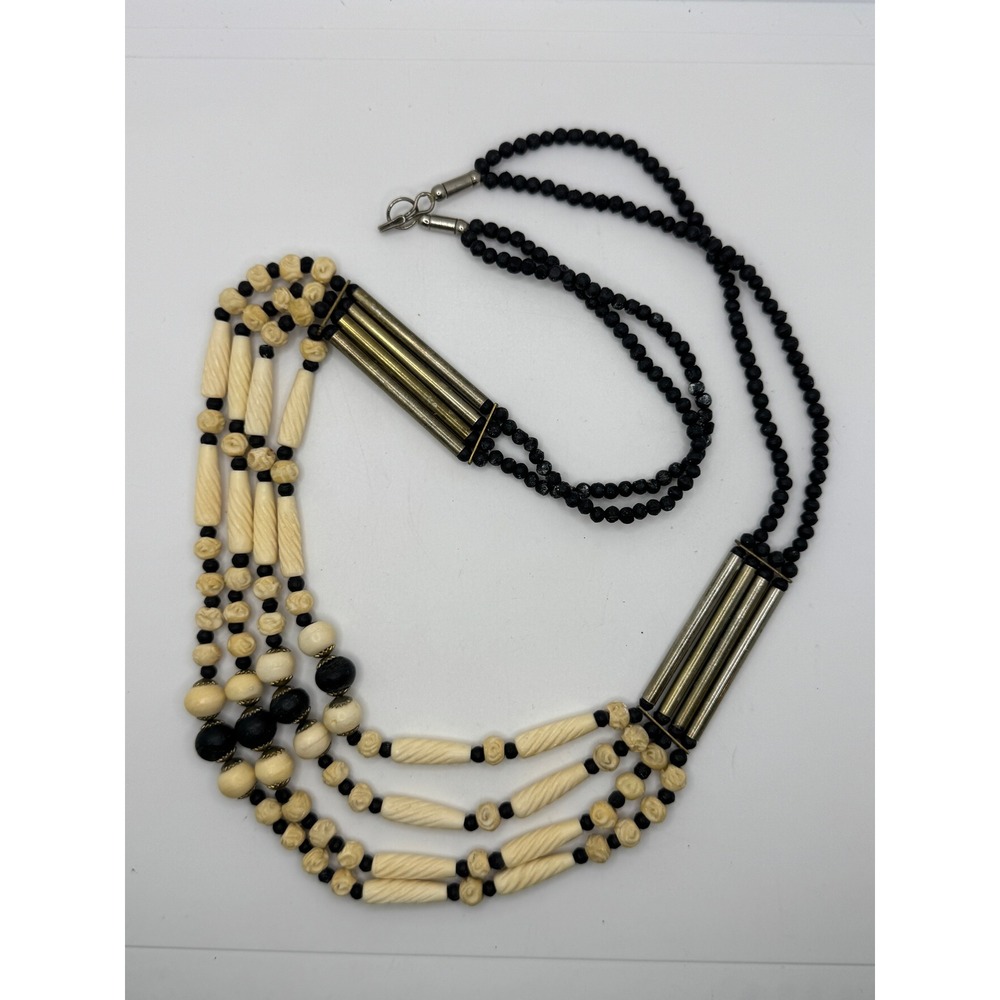Vintage Multi-Strand Carved Bead Statement Necklace Cream Black Bone Flowers - Picture 2 of 6
